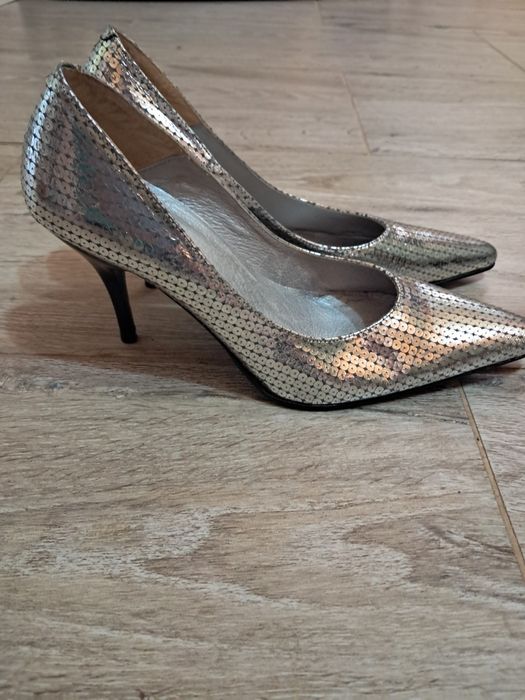 Pantofi stiletto argintii gri cu paiete BOSSI SBT BOSSI (Made in Spain) mărimea 39 (recomandat 38)