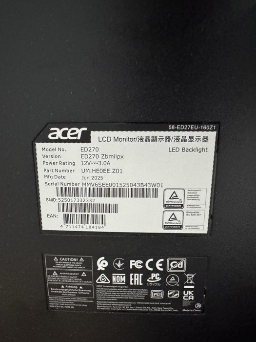 Монитор Acer ED270, 27", 280 Гц, изогнутый VA