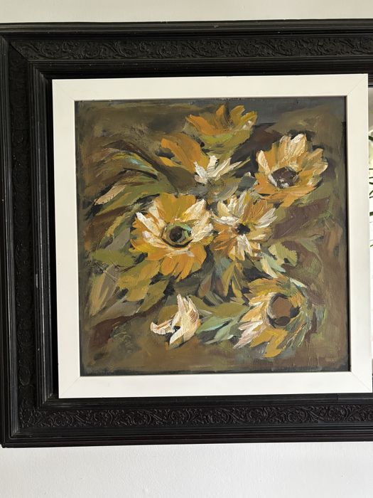 Tablou pictat manual – Floarea-soarelui – pânză pe șasiu de lemn, înrămat – 45 × 45 cm