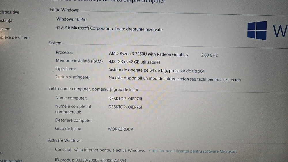 Laptop HP AMD Ryzen 3, 2,6 GHz, SSD 256 GB, RAM 4 GB, impecabil