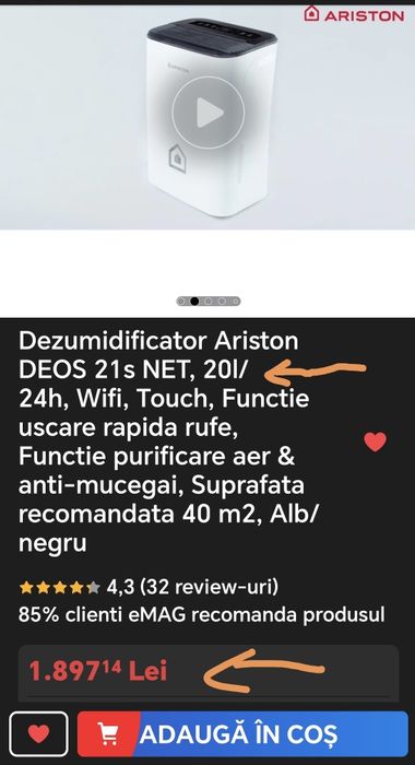 Dezumidificator Ariston DEOS 21s NET ca Nou