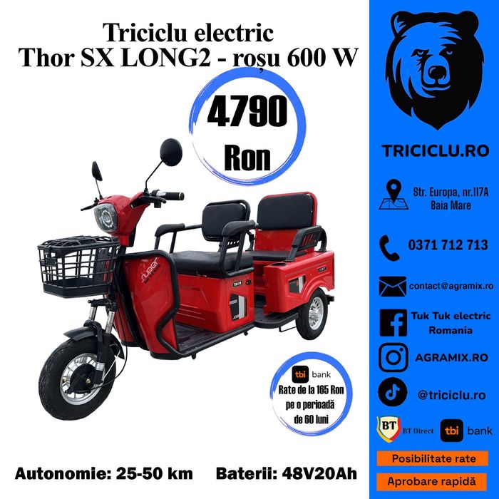 Triciclu electric Thor S X LONG2 600W alb negru rosu gri Agramix