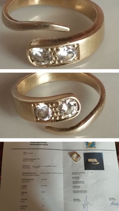 Vând inel din aur galben,18kcu două diamante naturale.Cerrificat gemolic.Pret 1600euro.
