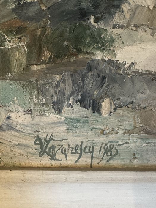 Tablou Vasile Lazarescu 1985 ulei pe panza peisaj rural casa rama 53x63cm`