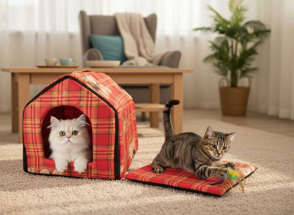 Casuta pliabila pisici si caini mici pat moale detasabil 32x34x30 cm