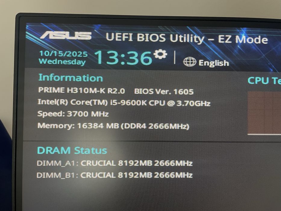 Placa de baza PRIME H310M-K R2.0 si Procesor i5 9600K 3.7GHz