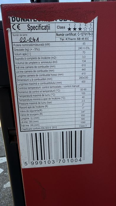 Centrala pe lemne Dunaterm KTherm SB 45 EC – 45 kW – 4.500 lei (negociabil)