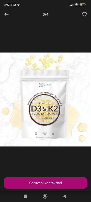 Vitamin d3 k2,10.000 iu,+ 200 mcg,300 softgel,Kokos yogi bilan