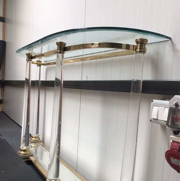 Mid century consola  lucite acryl bronz sticla