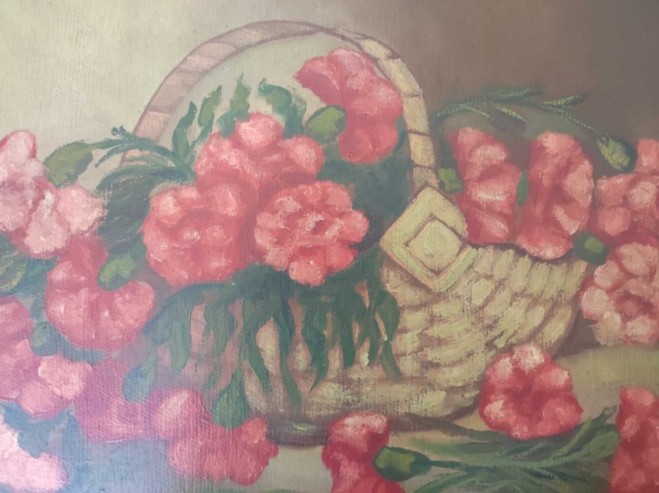 tablou original, cos cu garoafe, 85 x 65 cm., inramat