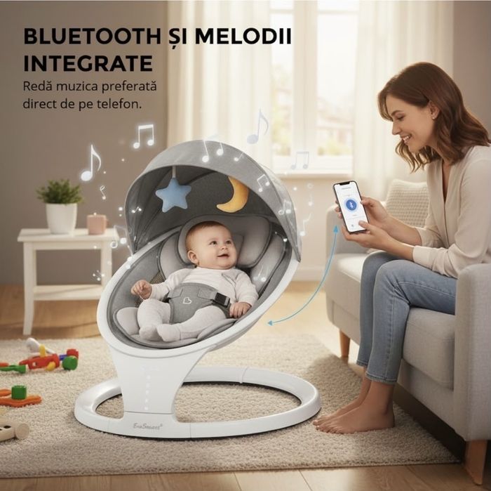 Leagan Electric EvoSmart™ SW, Multifunctional Pentru Bebelusi cu Acoperis Rabatabil Si Plasa Protectie Tantari, Conexiune Bluetooth, 5