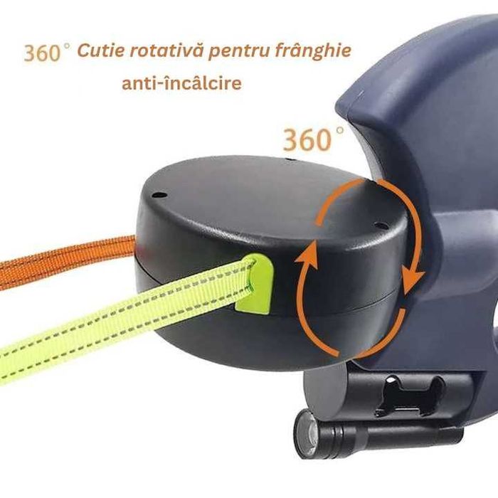 Lesa Retractabila Dubla pentru Caini 2 in 1, cu LED, Suport Pungi