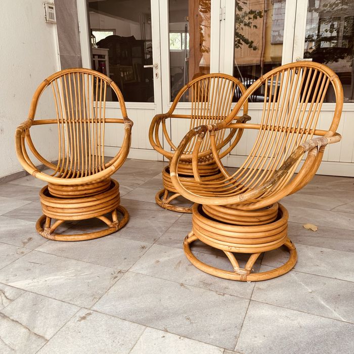 Винтидж шведски ротангови въртящи се столове (комплект 3 бр.)
