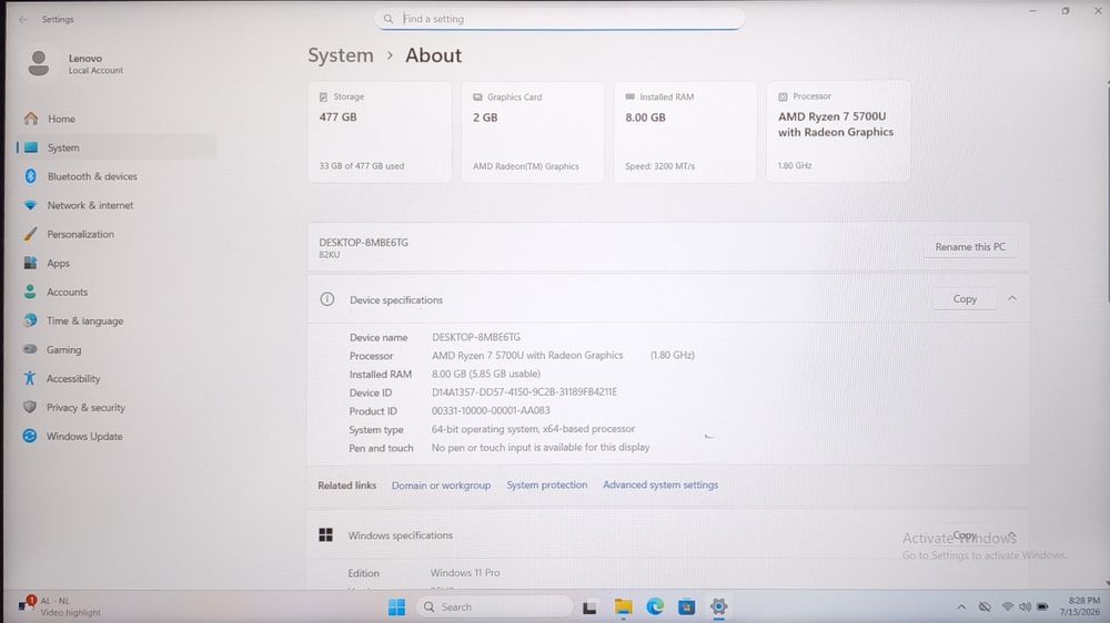 Lenovo Ideapad 3 16ALC6 15,6 FHD/ RYZEN 7 5700U/8GB/512GB stare foarte buna !
