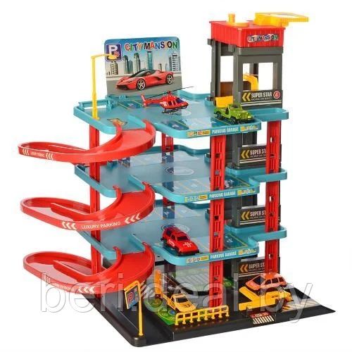 Детский игровая парковка с машинками и вертолетом