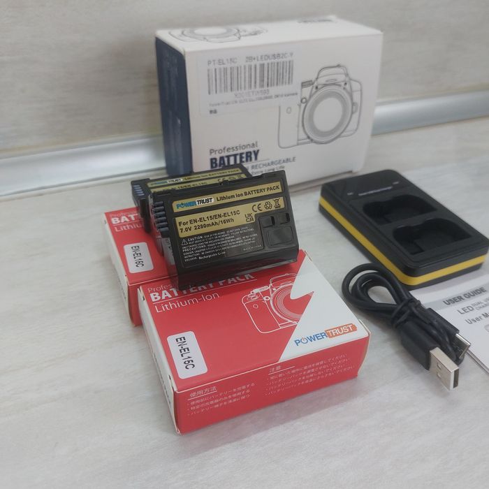 ПЪЛЕН КОМПЛЕКТ: 2 бр. Батерии PowerTrust EN-EL15C (2280mAh) + Двойно Смарт LED Зарядно за Nikon НОВ