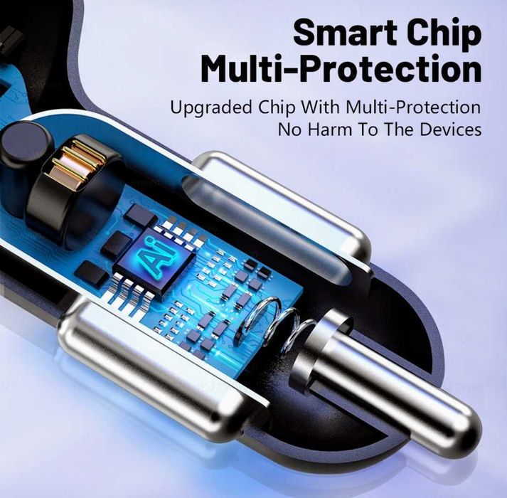 Încarcator telefon auto 12V 4 porturi USB 1 Tip C Afisaj Voltmetru Nou