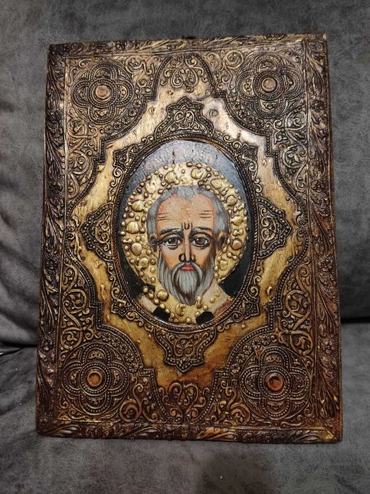 Стара икона дърворезба.рисувана Св.Николай сертификат,пано Дева Мария