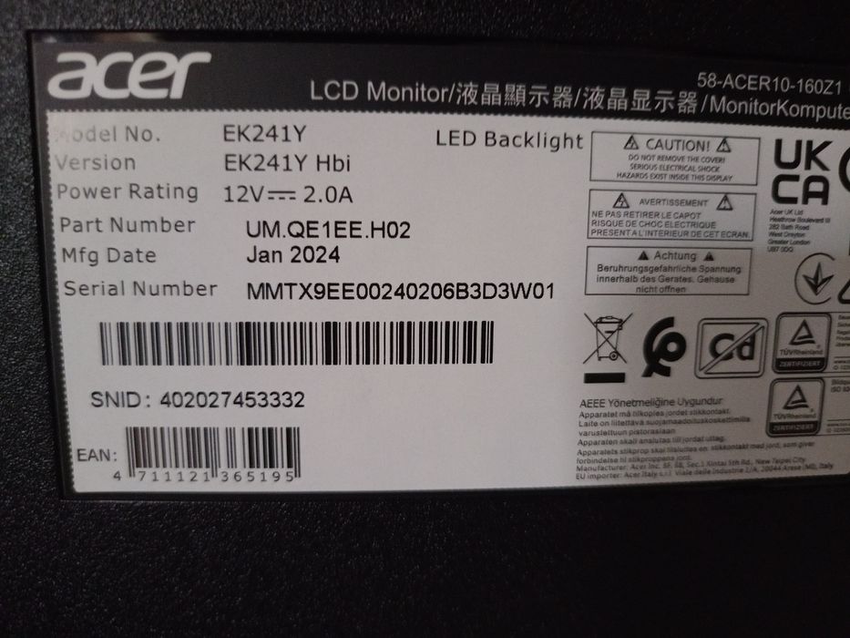 Monitor PC LED Acer , 23,8 , FHD 100Hz ,1ms , Freesync