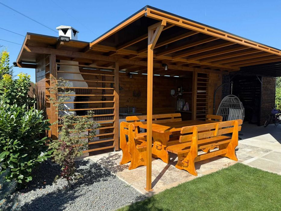 Masa cu scaune si banci din lemn pentru gradina, terasa, foisor