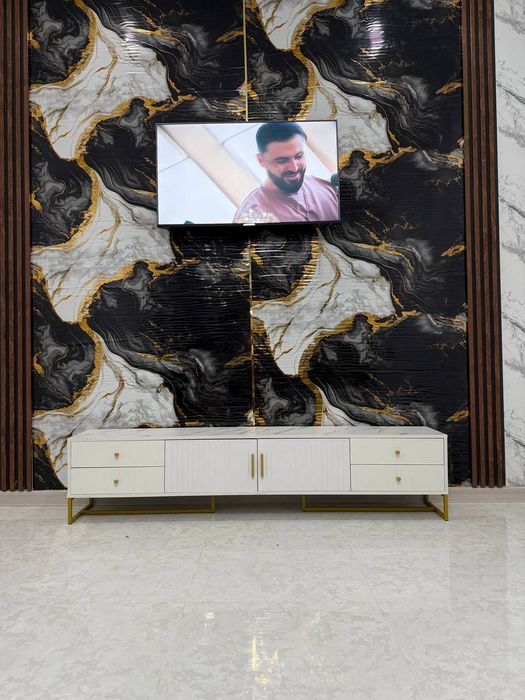 Тумба под ТВ 180×30×40 см — Белый мраморная текстура и золотая фурниту