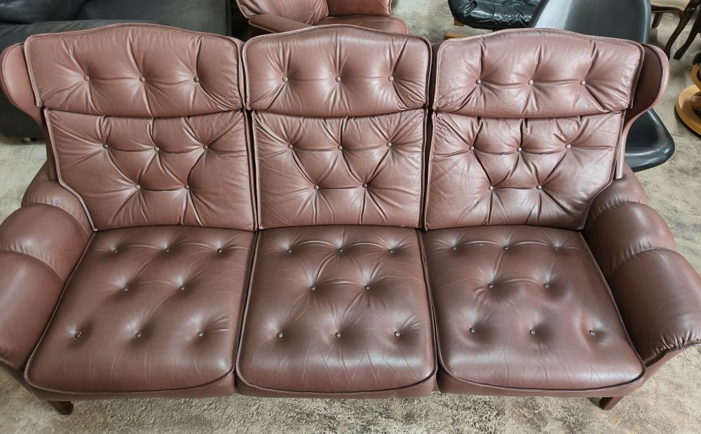 Винтидж диван тройка от естествена кожа