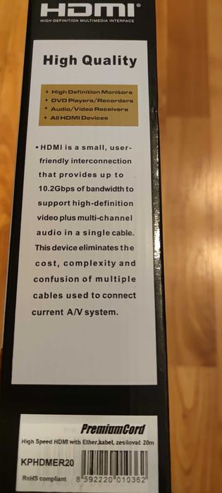 Cablu premium HDMI 20 metri, cu amplificator, conectori auriti, 4 K