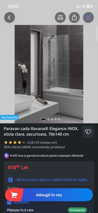 Paravan cada Ravana® Elegance INOX, sticla clara, securizata, 70x140 cm