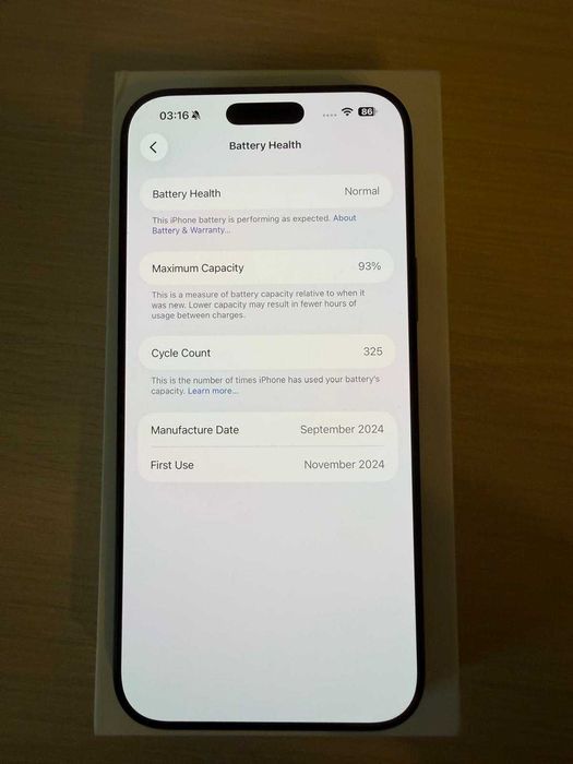 iPhone 16 PRO Max, 256GB, 93% battery, unlocked, black, in garantie