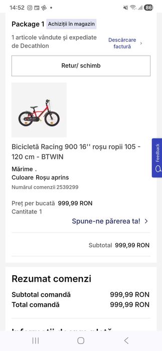 Bicicleta copii B-Twin Racing 900 16” (105-120 cm, Decathlon)