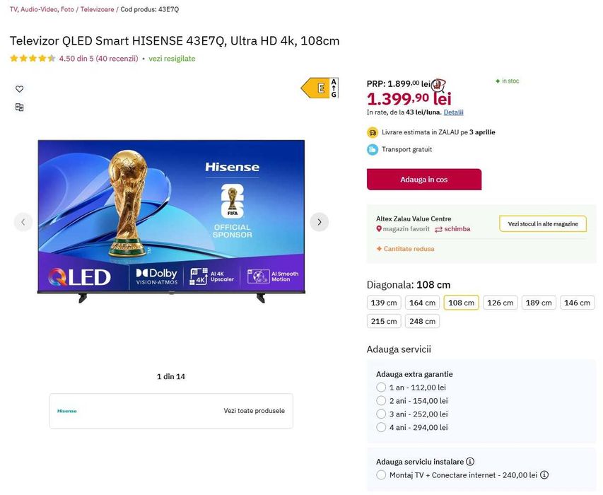 Televizor Hisense 43E7Q, 43 inch, 4K UHD QLED, Smart TV