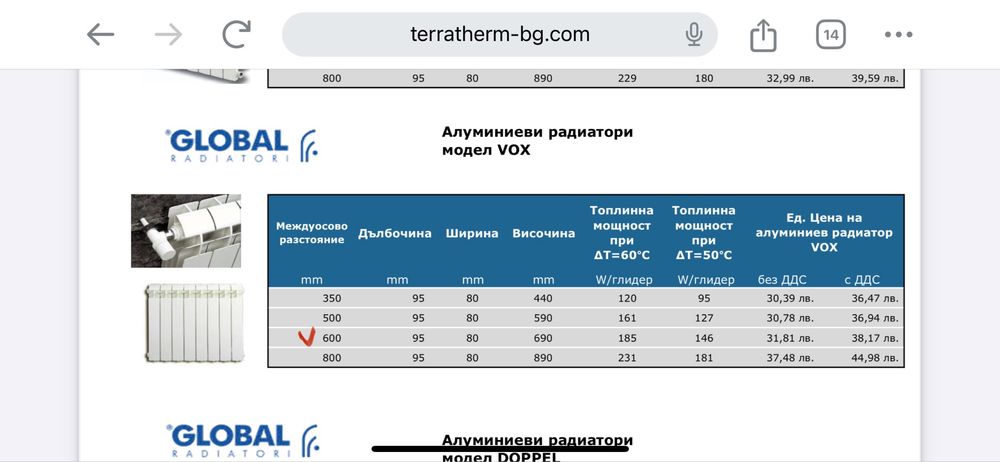 Нов алуминиев радиатор Global VOX H600 и окомплектовка