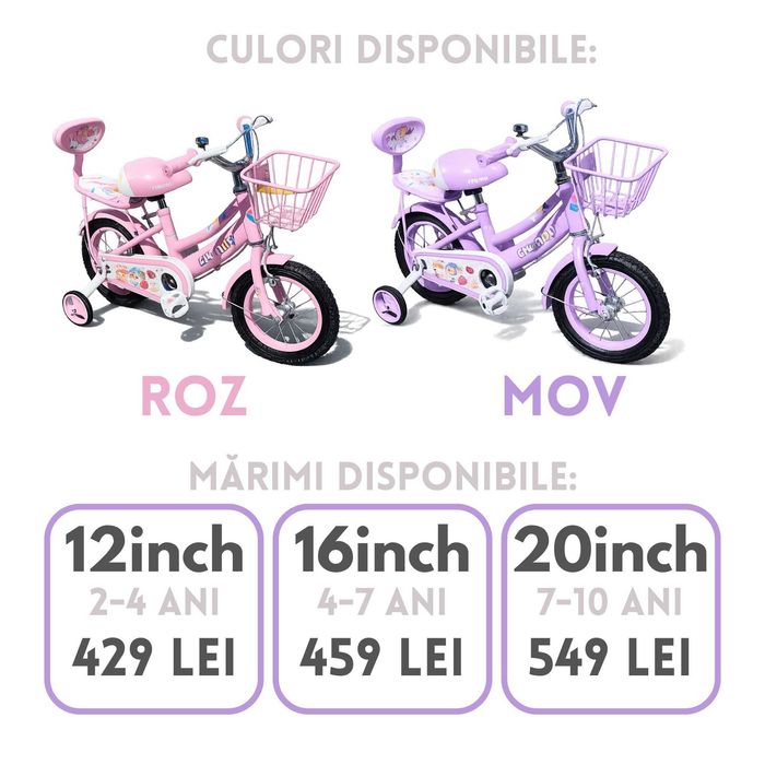 Bicicletă fetițe 2-4 ani, 12”, roți ajutătoare, coș/portbagaj metalic