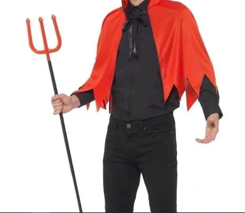 Комплект костюм за Хелоуин Дявол, червен назъбен плащ, рога