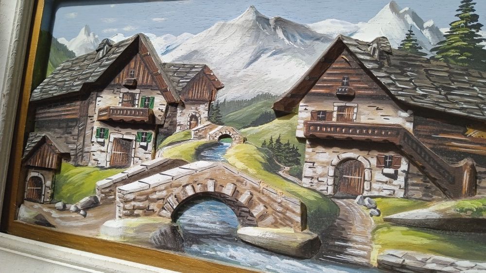 Tablou din lemn in relief 3D pictat/exacutat manual, peisaj din Alpi