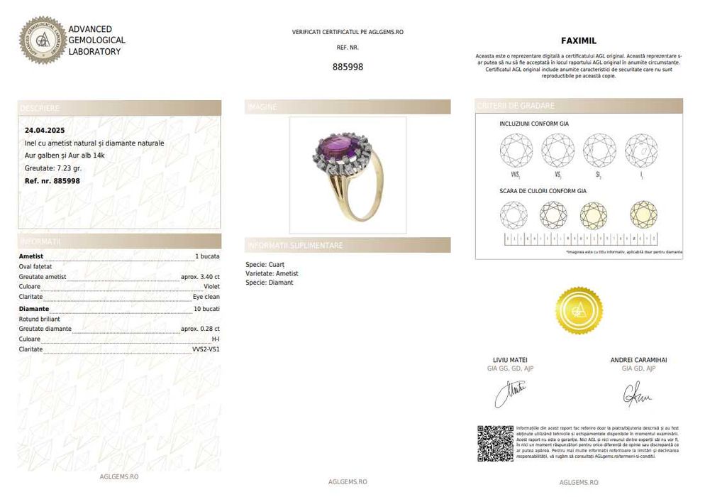 Inel din aur bicolor, decorat cu ametist și diamante