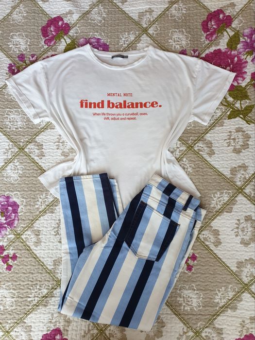 Pantaloni blugi talie inaplta dungi bumbac tricou alb