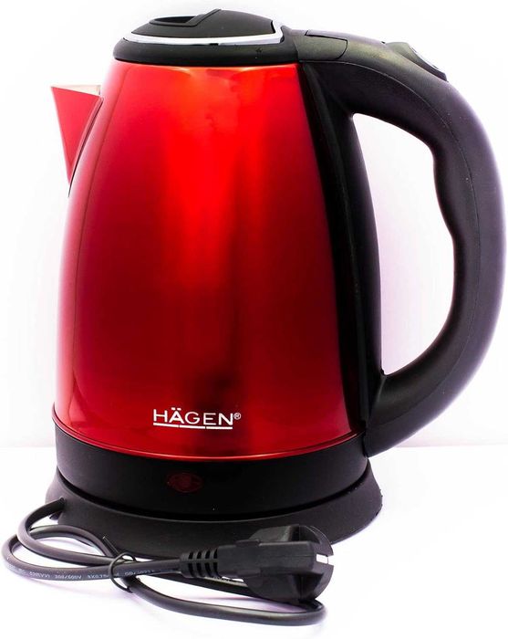 Hagen HA5525-RED Компактна електрическа кана от неръждаема стомана, основа 360°, капацитет 1.8 л, мощност 1500 W