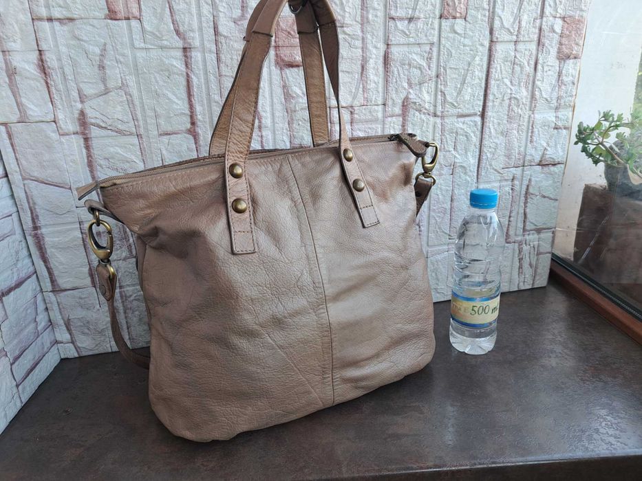 дамска чанта,бежова кожена торба-естествена кожа
