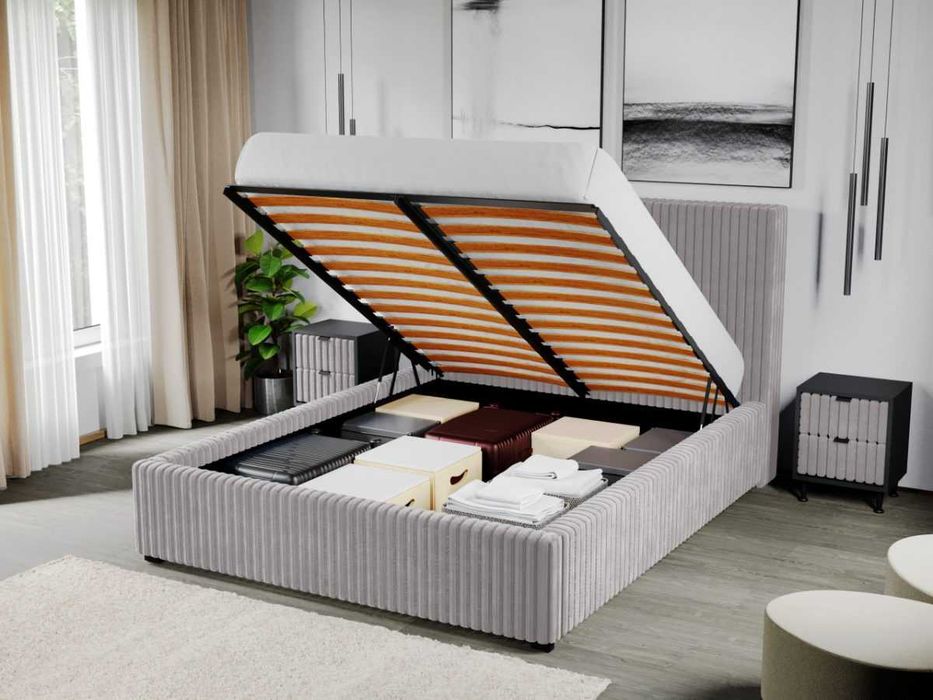 Pat Tapitat Reno Gri Tilia 11 cu somiera rabatabila si lada