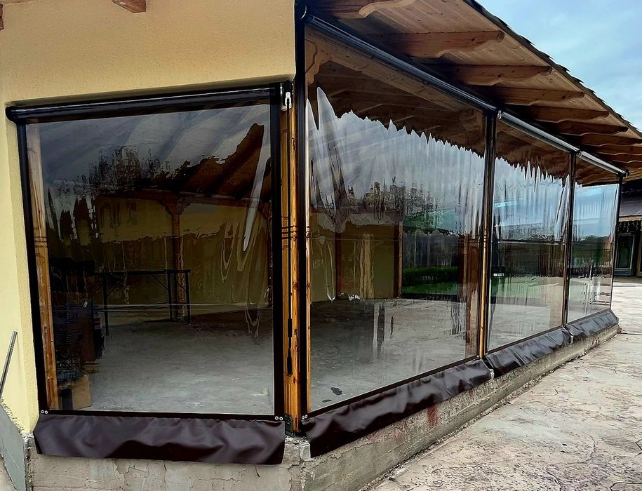 Închideri terase,folie transparentă capse și bride,rulouri cu manivelă.