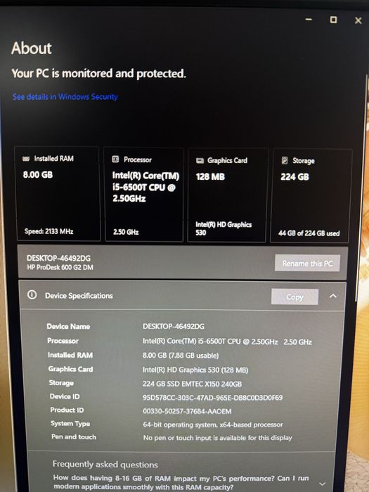 HP ProDesk 600 G2 Mini PC i5-6500T, 8GB RAM, SSD 240GB, Windows 10