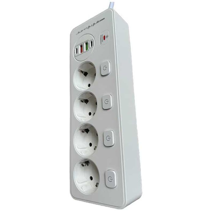 Удължител, защита от пренапрежение, 4 гнезда, 2 USB, 3250W, 2 м