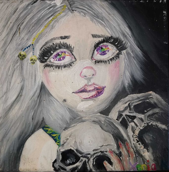 Tablou original ulei pe pânză, față și cranii, gothica