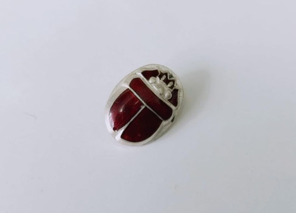 Vechi nasture argint 925 buton scarabeu cu email rosu Anglia