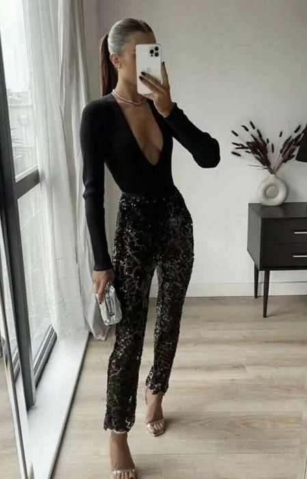Zara Paiete Strălucitoare Transparente NEGRE CU DECORAȚII SEXY
