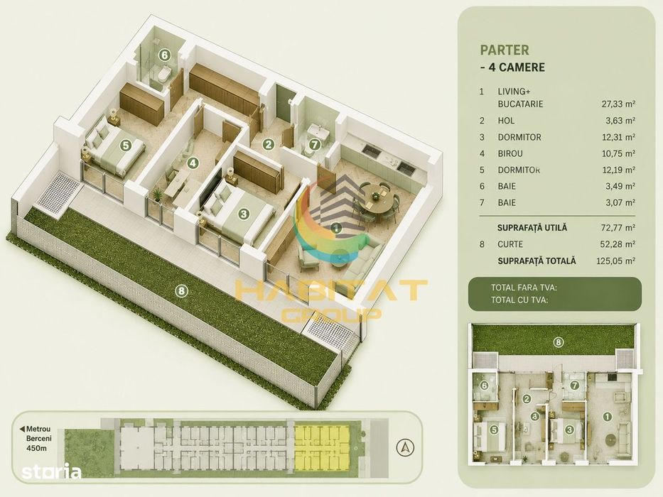 Vânzare Apartament 4 camere cu curte de 52 mp - Popești Leordeni