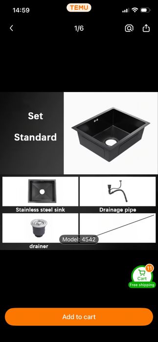 Черна мивка от 304 неръждаема стомана със сифон