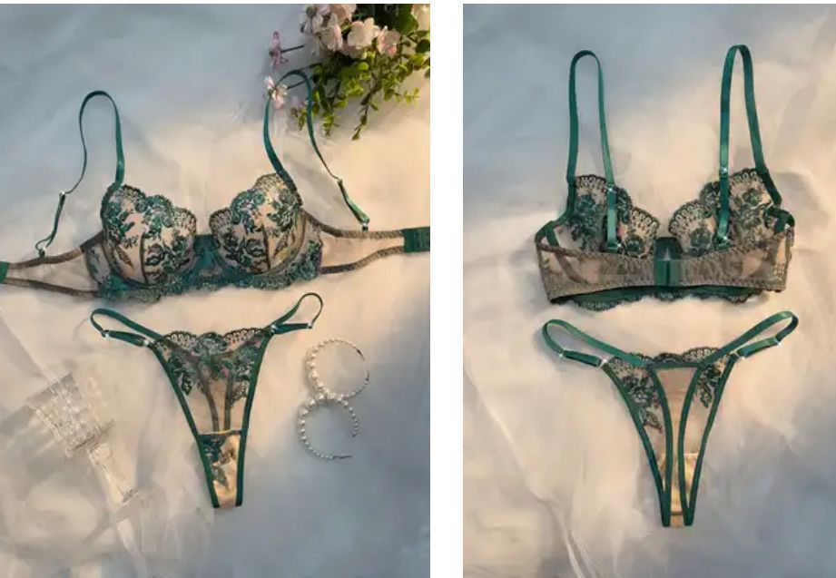 Зелен комплект дантела с бродерия 85D