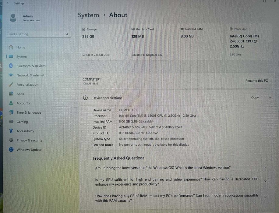 Lenovo ThinkCentre M910q Tiny i5-6500T/SSD-256GB PCIe/8GB Win 11 Pro